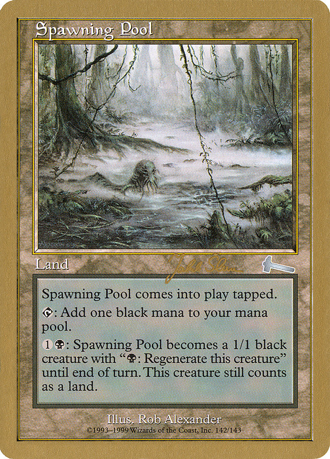 Spawning Pool
 Spawning Pool enters the battlefield tapped.
{T}: Add {B}.
{1}{B}: Spawning Pool becomes a 1/1 black Skeleton creature with "{B}: Regenerate this creature" until end of turn. It's still a land. (If it regenerates, the next time it would be destroyed this turn, it isn't. Instead tap it, remove all damage from it, and remove it from combat.)